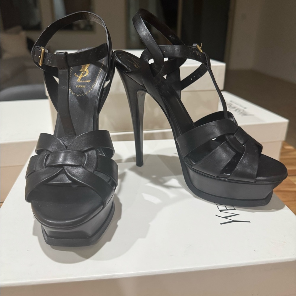 Yves Saint Laurent Black Tribute Platform Sandals